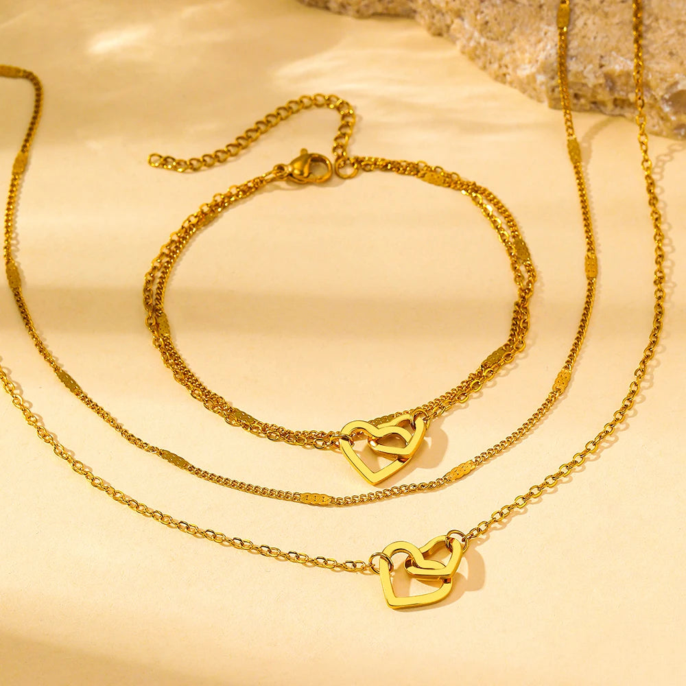 Stainless Steel Jewelry Sets High-end Atmosphere Love Bracelet Love Necklace Double Chain Design Jewelry Sets For Women Jewelry