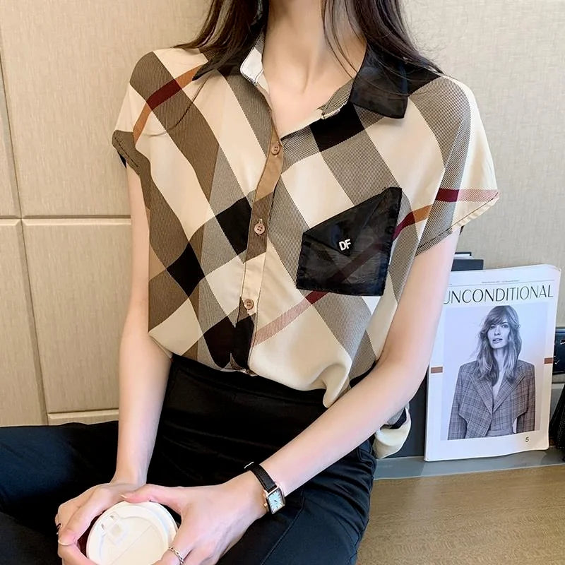 Office Wear Short Sleeve Chiffon Casual Pretty and Cheap Women's Blouses Korean Plaid Youth Woman Buttoned Shirts Trends Top Hot