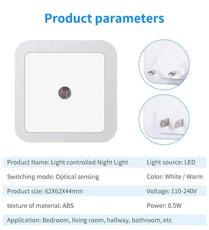 Smart Light Sensor LED Night Light 110-240V US EU Plug in Wall Lamp for Bedroom Kitchen Bathroom Hallway Stairs Lighting