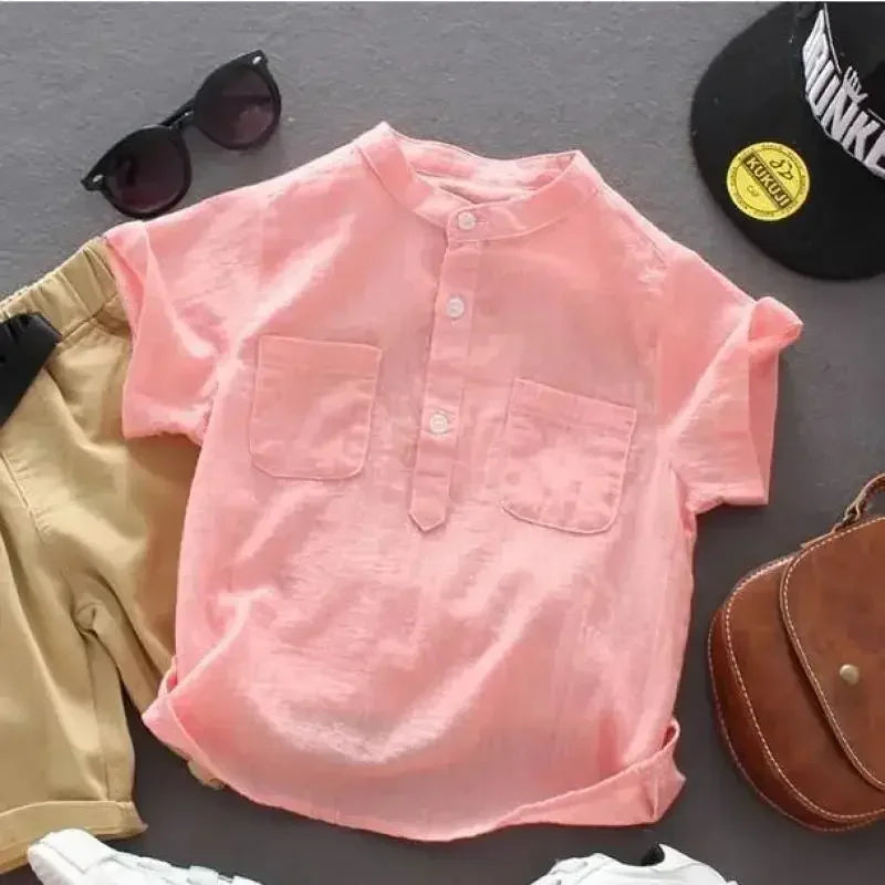 Kids Boys Blouses Shirt 2024 New Arrival Summer Baby Boys Casual Tops White Pink Blue Linen Blouses Kids Summer Clothing