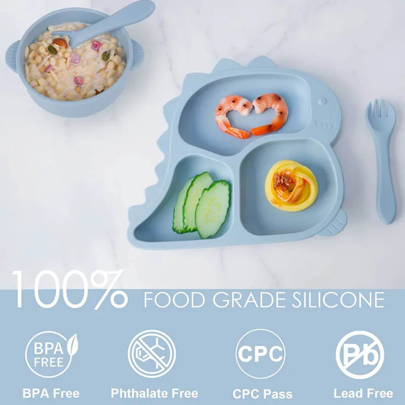 Baby Silicone Tableware Dinosaur Plate Dishes For Kids Personalized Name Baby Feeding Sets Fruit Feeder Baby Led Weaning Supplie