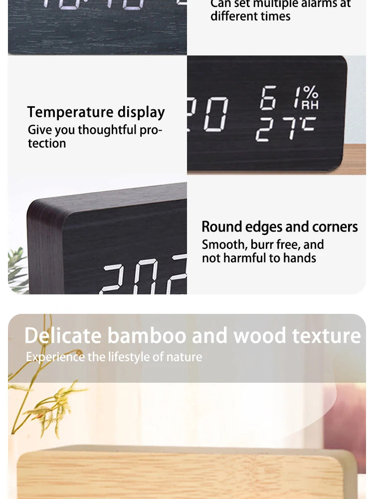 Digital LED Wooden Alarm Clock, Desk Clock, Voice Activated, Electronic Desktop Clock, Luminous Silent Alarm Clock