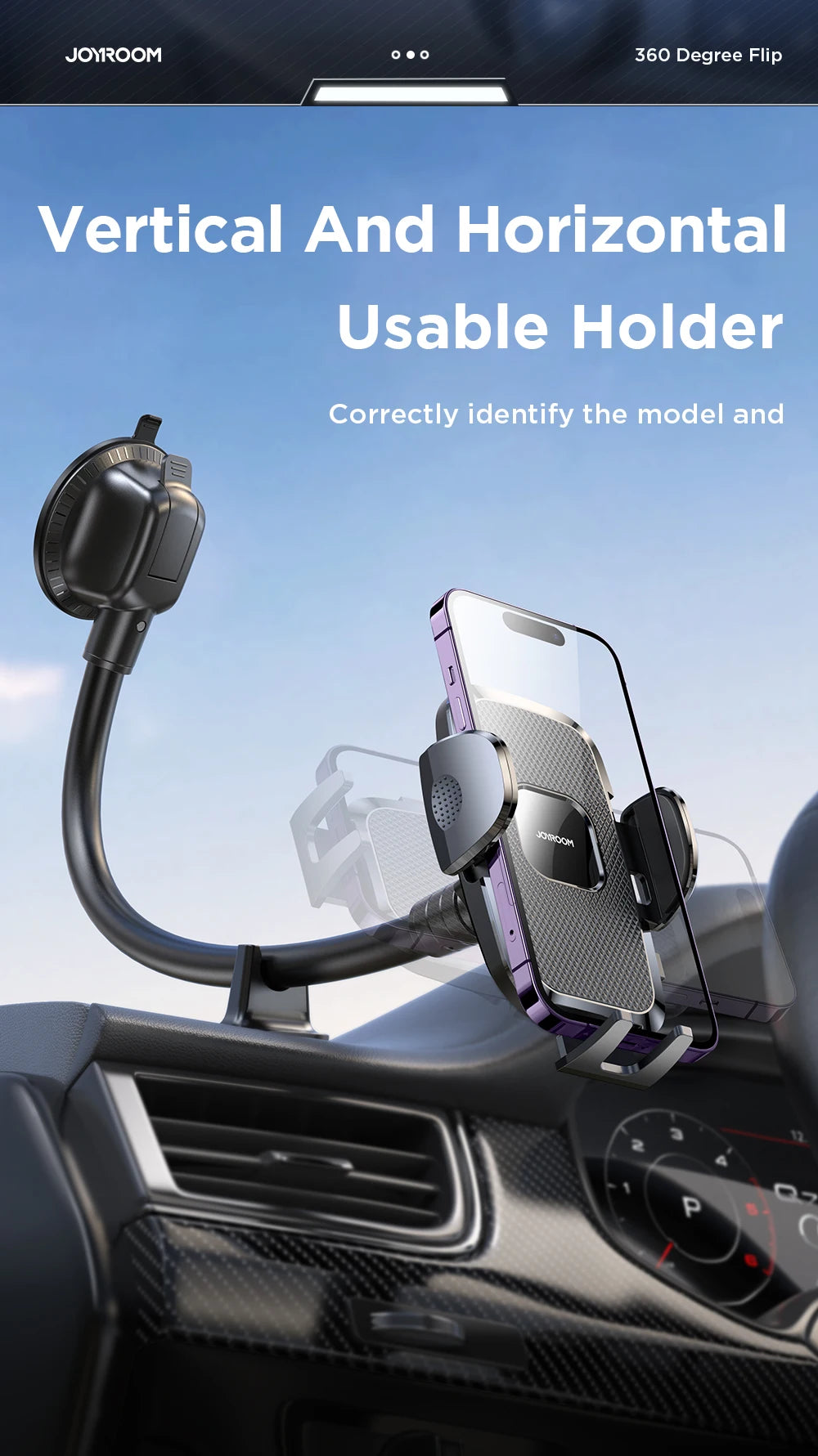 Dashboard Car Phone Holder【360° Widest View】9in Flexible Long Arm, Universal Handsfree Auto Windshield Air Vent Phone Mount 2025