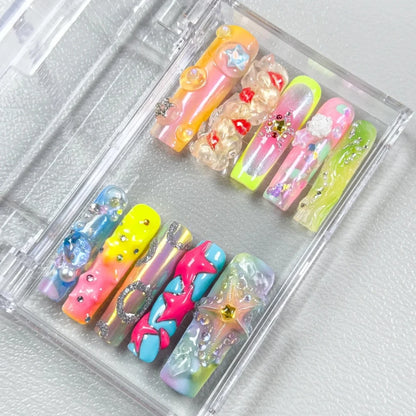 10PCS Handmade Manicure Press-On Nails French Style Medium Almond Shape with Blue Bow Design Includes Adhesive And Nail File Set