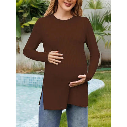 Spring New Maternity Clothes Round Neck Solid Color Slit Long Sleeve Base T-shirt Tops For Pregnant Women Maternity Wear