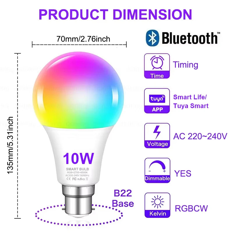 Colour Changing Light B22 Tuya Bluetooth APP Control 220V LED Bulbs  Dimmable RGB White RGBCCT 16 Million Smart Life