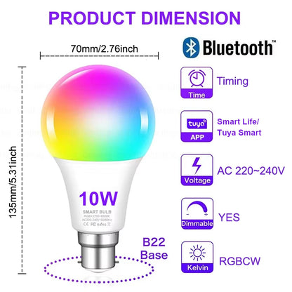 Colour Changing Light B22 Tuya Bluetooth APP Control 220V LED Bulbs  Dimmable RGB White RGBCCT 16 Million Smart Life