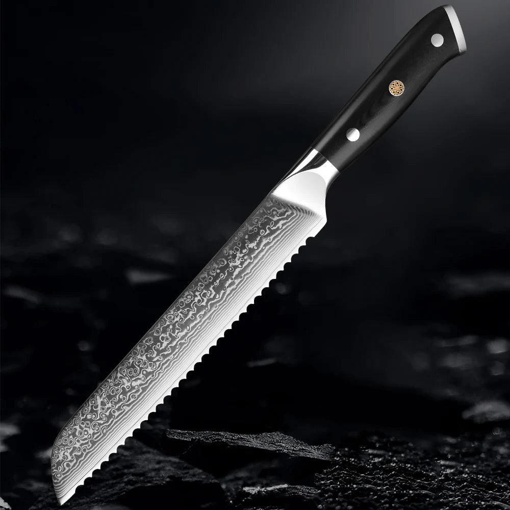 Damascus Bread Knife Professional Japanese VG10 Steel Bread Cutting Knife Serrated Cake Knife Bread Cutter for Crusty Bread