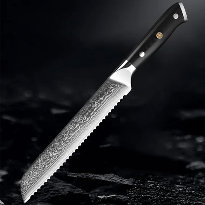 Damascus Bread Knife Professional Japanese VG10 Steel Bread Cutting Knife Serrated Cake Knife Bread Cutter for Crusty Bread