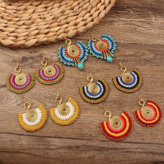 Fashion Vintage Handmade Braided Colorful Stones Earrings New Vintage Ethnic Beach Fan Bohemian Earrings