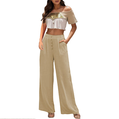 Pants For Women Summer Autumn Flowy Cotton Wide Leg Palazzo Pants Long Slacks High Waist Button Trousers Female Trousers