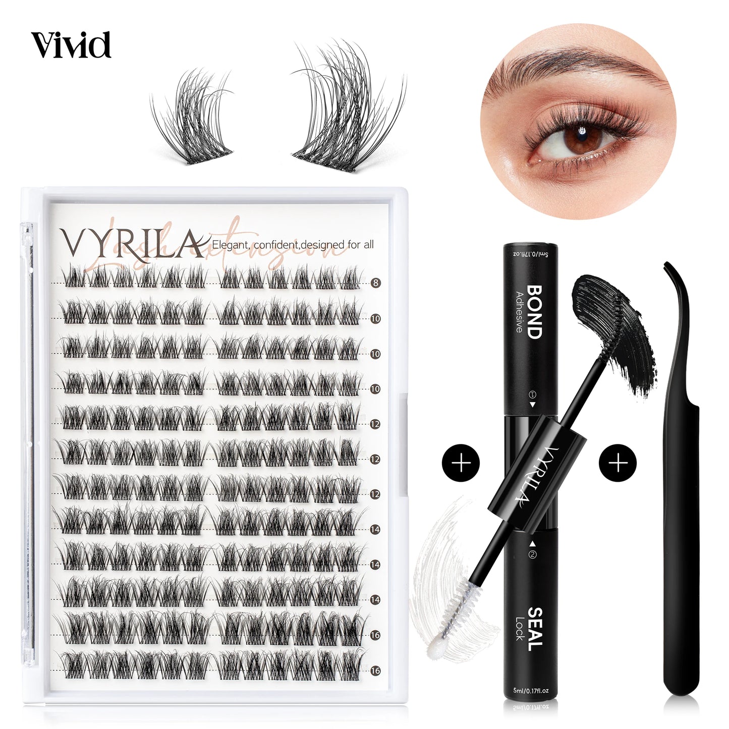 VYRILA Lash Extension Kit Wispy C Curl Lash Clusters Kit Hush 8-16mix Individual Lashes with Lash Bond and Seal Lash Tweezers