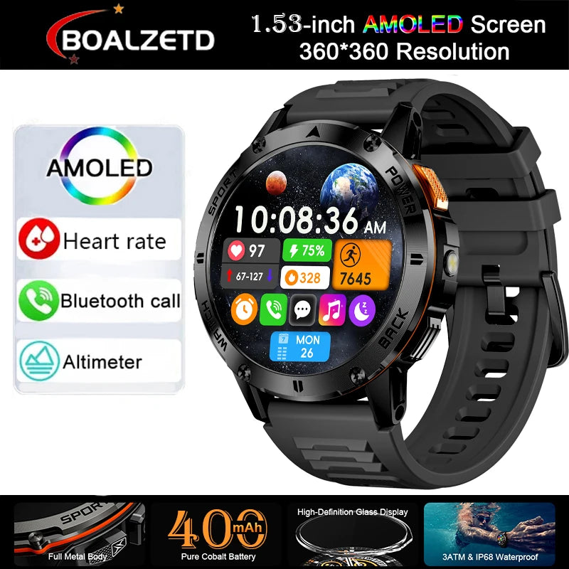 New Military Sports GPS Smart watch AMOLED HD IP68 outdoor NFC Sport Watch Fitness tracker Health monitor BT call LED flashlight