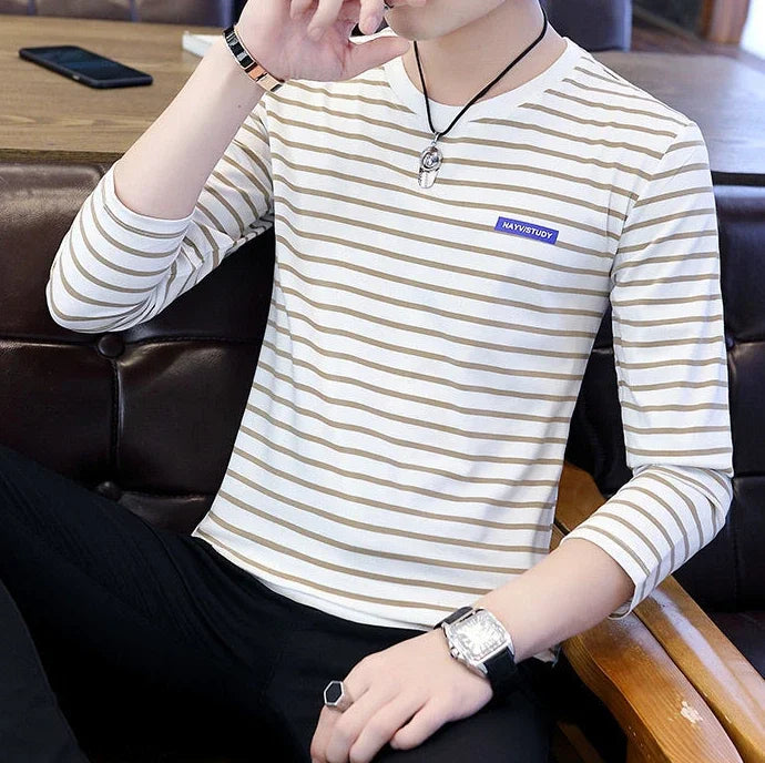 T Shirts for Men Stripe Tops Red Cotton Male Clothes Round Neck Harajuku Fashion Sale High Brand Regular Fit It Full Sleeve Tee