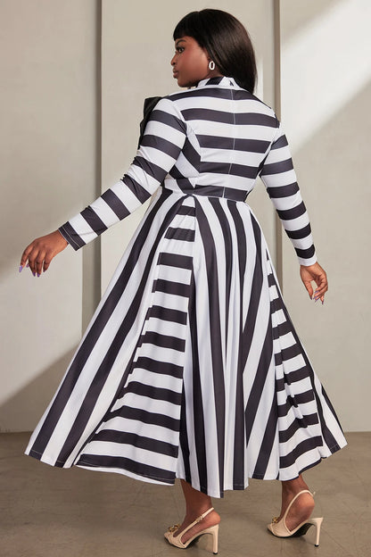 Plus Size Semi Formal Maxi Dresses Elegant Black White Striped Fall Winter Mock Neck Long Sleeve Bow Tie Knitted Maxi Dresses