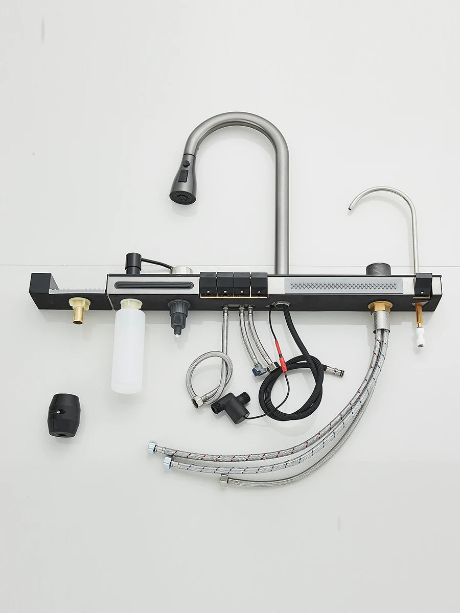 304 Stainless Steel Waterfall Kitchen Sink Large Single Slot Integrated Digital Display Faucet Set Soap Dispenser Cup Washer