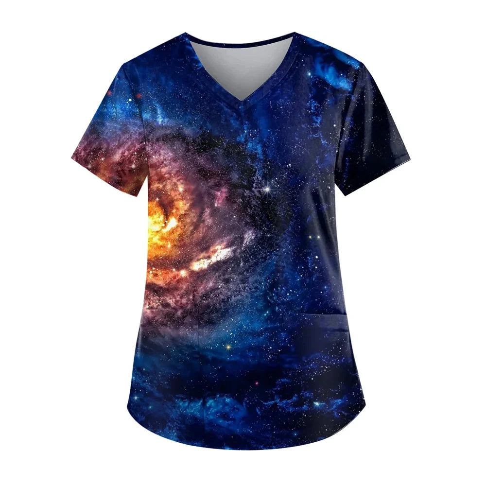 Scrubs Women Graphic with Pockets Short Sleeve Nurse Uniform Scrubs Tops Graphic Print Plus Size Work Clearance Scrub Shirts Sky