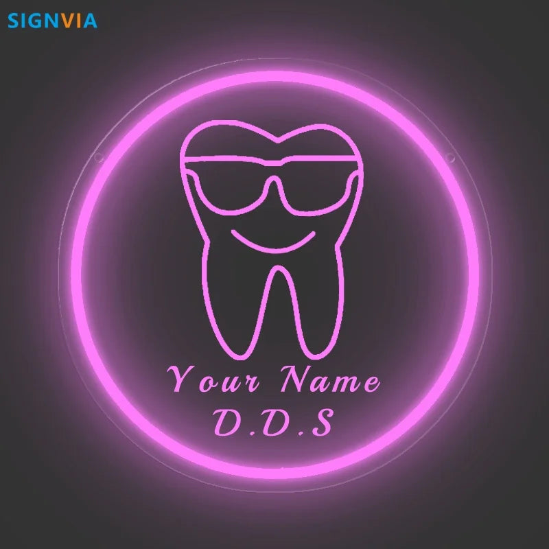 Custom Neon LED Tooth Sign with Glasses USB-Powered Wall Decor for Dental Parties Personalized Name White Light Circular Decor