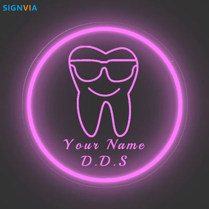 Custom Neon LED Tooth Sign with Glasses USB-Powered Wall Decor for Dental Parties Personalized Name White Light Circular Decor