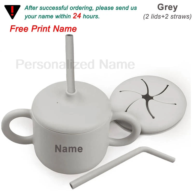 Food Grade Silicone Baby Feeding Cups Personalized Name Children Learn Drinking Cups Sippy Cups Kids Toddlers Straw Water Bottle