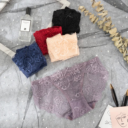 3PCS Hollow Out See Through Underpants Comfortable Briefs Sexy Ladies Lace Transparent Panties Low-Rise Lingerie