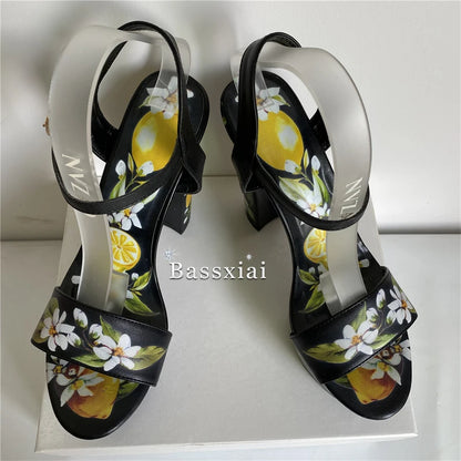 2025 Print Flower High Platform Sandals Women Chunky Heel Genuine Leather Ankle Strap Party Shoes Summer
