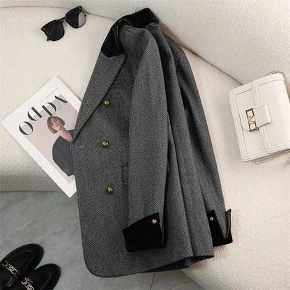 Women's Office Woolen Suit Jacket for women 2025 New Autumn Winter Chic gray Herringbone pattern Suit Female Thick Casual Coat