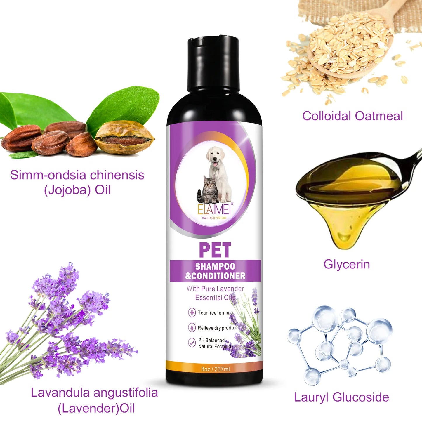 Pet shampoo for dogs, designed to remove stains, care for hair, relieve dryness and itching, eliminate body odor, and nourish th