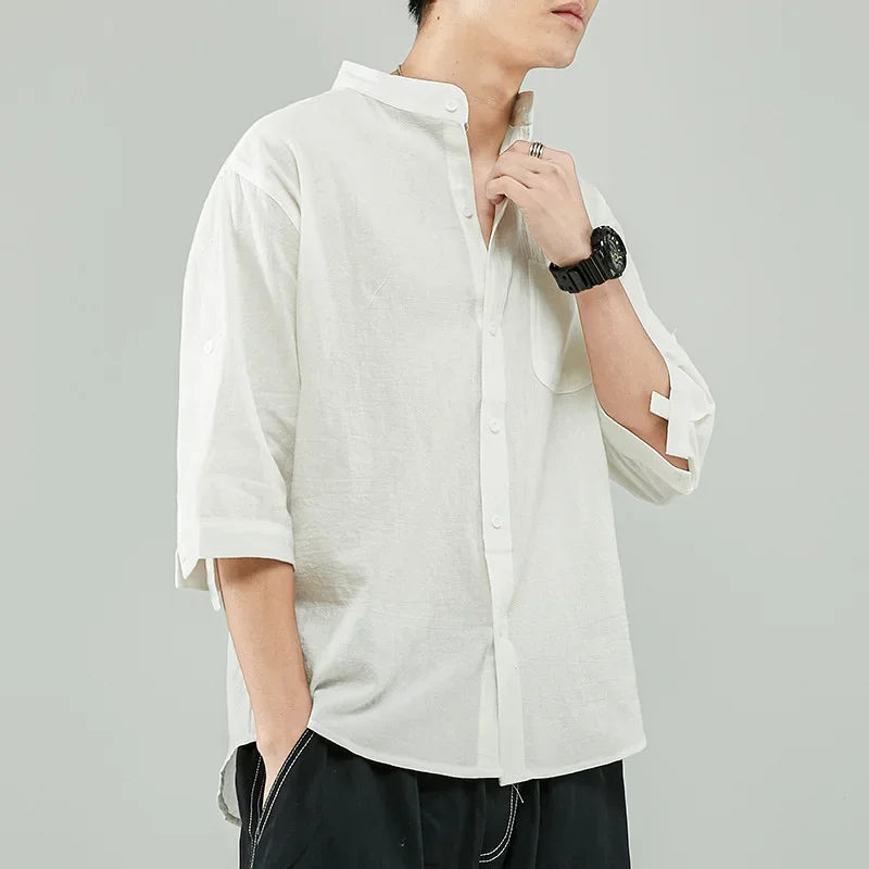 Line Shirt Men's Short-sleeved White Shirt Loose Chinese Style Summer Cotton Linen Casual Jacket Men's Quarter-sleeved Top