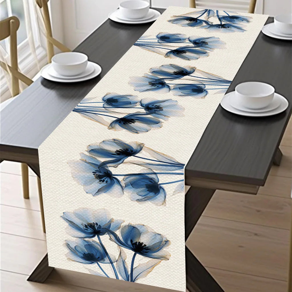 Blue Tulip Table Runner for Dining Table Kitchen Decor Anti-stain Dining Table Tablecloth Rectangular Dining Table Runner