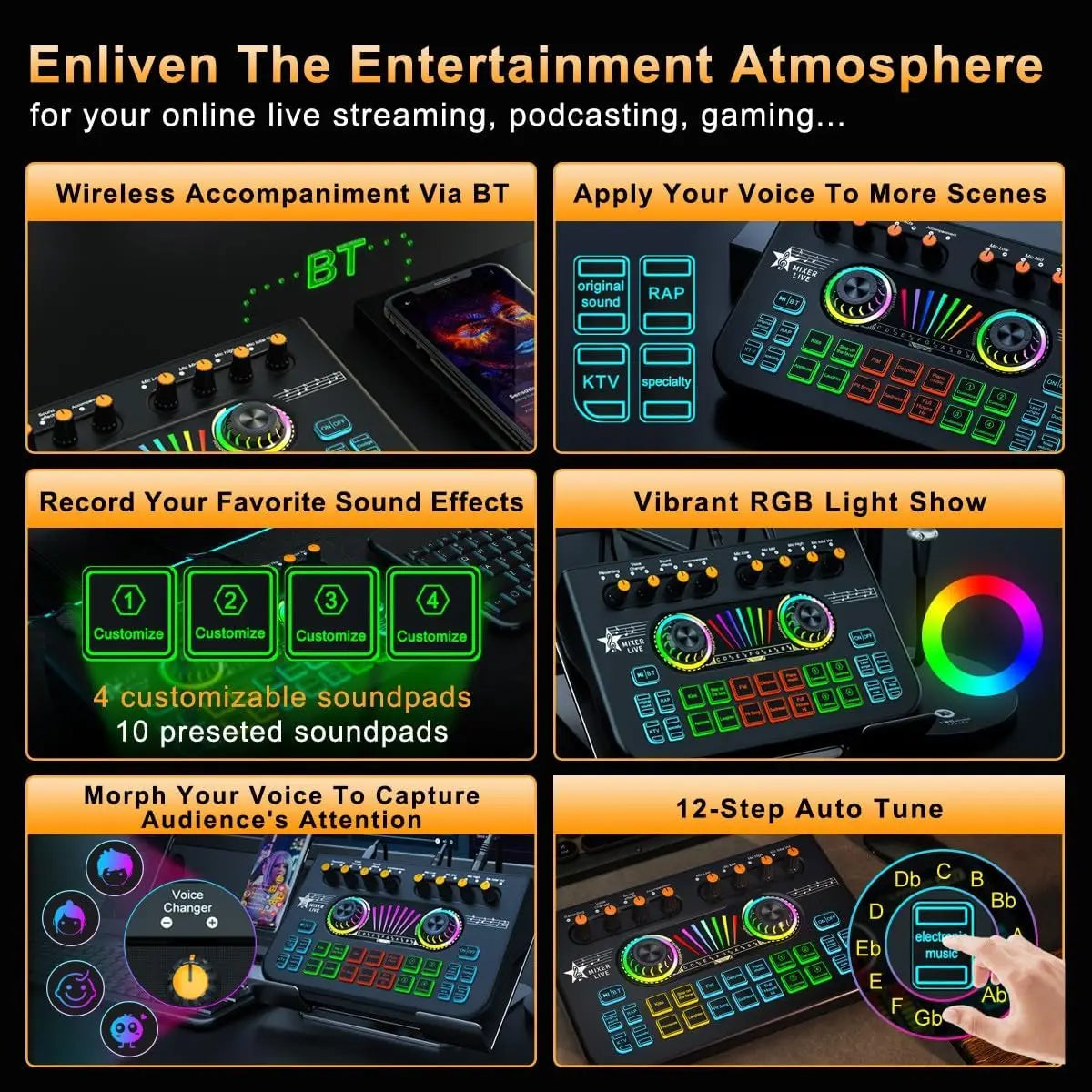 Gaming Audio Mixer,Streaming Mixer with Audio Interface BT Sound Board Voice Changer Sound Card,for PC Phone Live Streaming