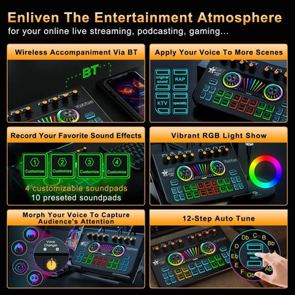 Gaming Audio Mixer,Streaming Mixer with Audio Interface BT Sound Board Voice Changer Sound Card,for PC Phone Live Streaming