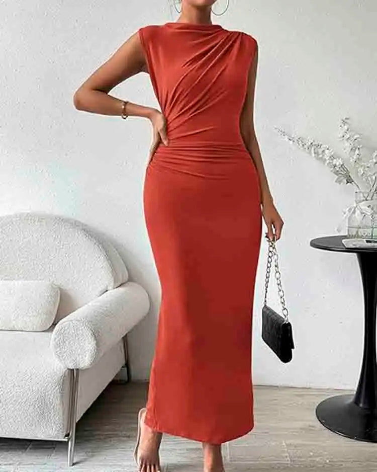 Women's Ruched Bodycon Dress Summer Casual Sleeveless Back Slit Elegant Club Evening Party Cocktail Maxi Dresses