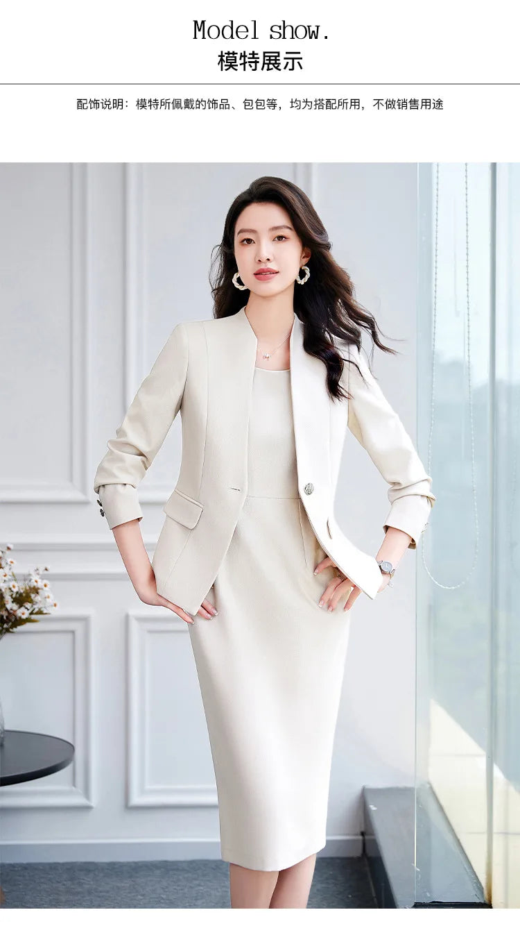 Office Suit Women Collarless Blazer + Vest Dress Set Executive Lady Workwear Elegant 2 Piece Set Long Sleeve Pink Suit Jacket