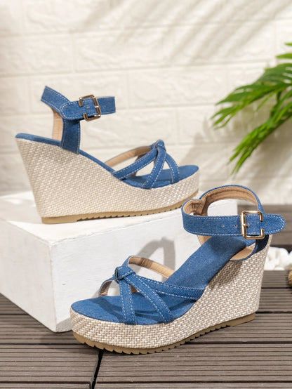 Chunky Platform Wedges Sandals Women 2024 Summer Blue Denim Beach Sandals Woman Plus Size 42 Ankle Straps High Heels Sandalias