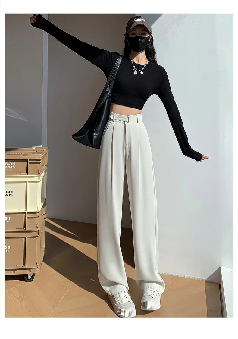 Office Ladies Casual Suit Wide Leg Pants Women Elegant 2025 Spring Summer Fashion Solid Color High Waist Loose Outwear Trousers
