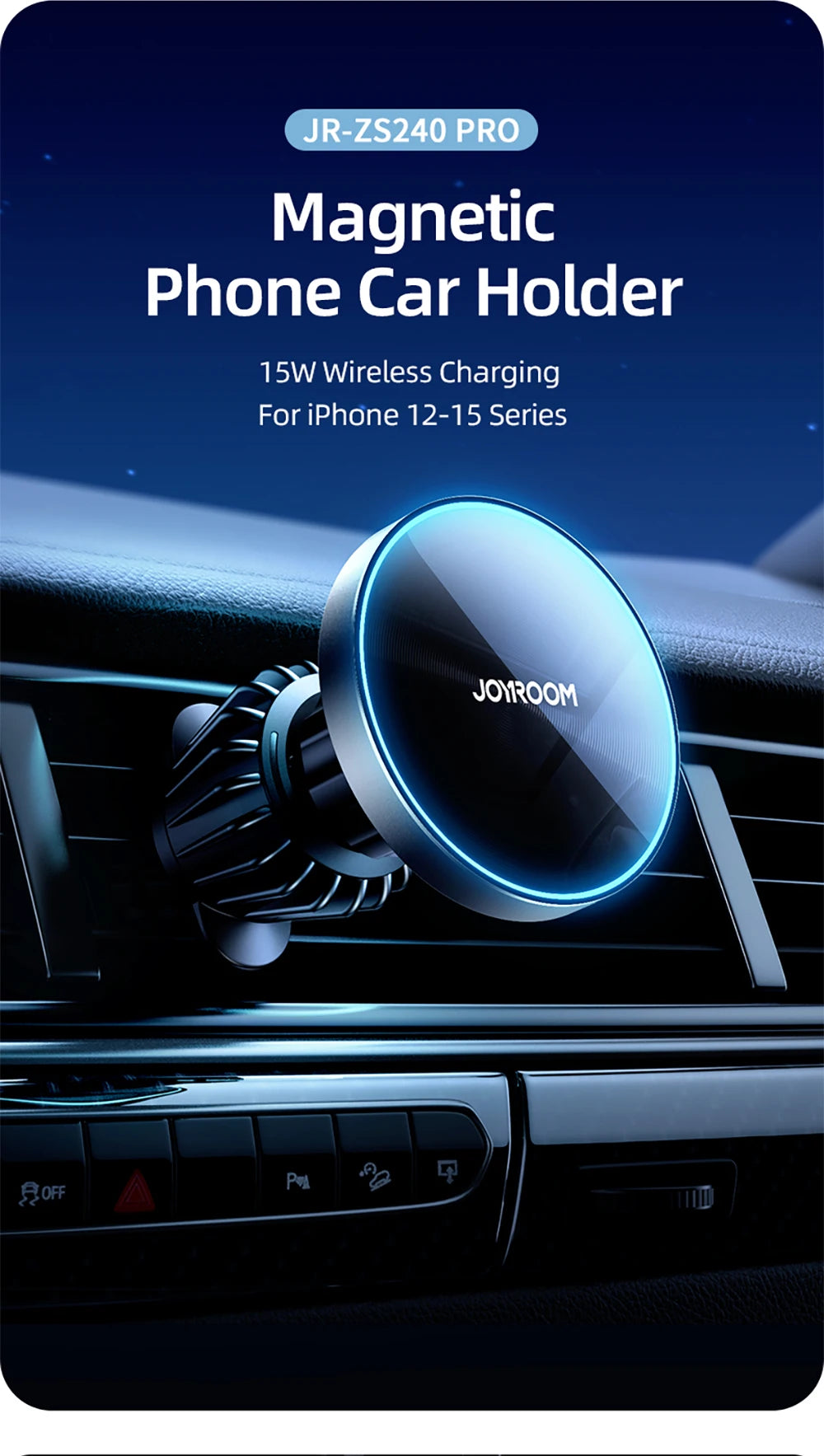 Joyroom Magnetic Car Phone Mount Wireless Fast Car Charger for iPhone Holder 15W Magnetic Car Phone Holder Mount Wireless