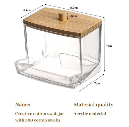 1set Transparent Acrylic Wood Cover Cotton Swab Box With 500 Cotton Swabs Cosmetic Cotton Storage Box