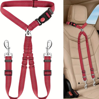 Double Dog Car Harness Safety Seatbelt Adjustable Pet Travel Restraint for 2 Dogs Heavy Duty Crash Tested Elastic Splitter Headr