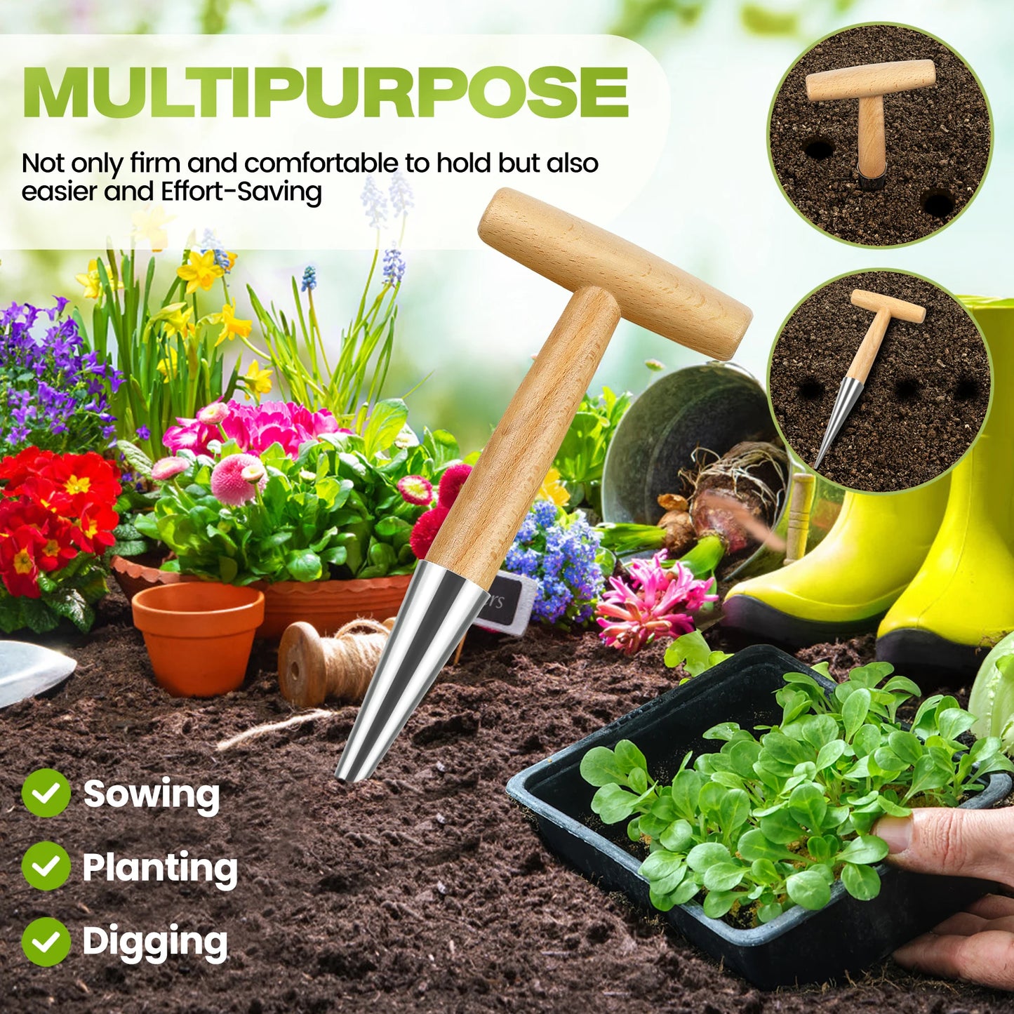 Gardening Hole Puncher Wooden Handle T-shaped Fertilizer Planting Tool Punching Sower Garden Flower Plants Supplies Accessories