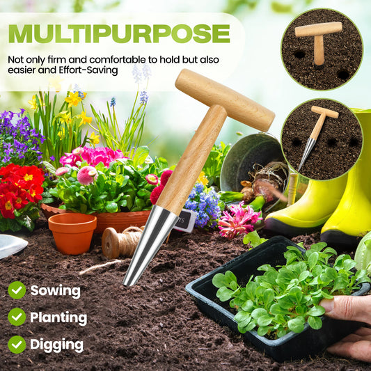 Gardening Hole Puncher Wooden Handle T-shaped Fertilizer Planting Tool Punching Sower Garden Flower Plants Supplies Accessories