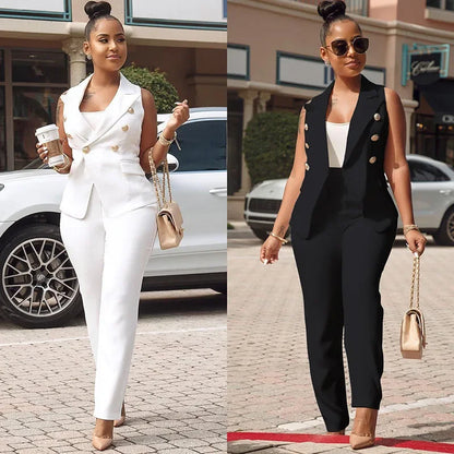 Business OL Work Wear Two Piece Pant Suits for Women Set Elegant Sleeveless Blazer Top + Pencil Pants Office Lady Matching Sets