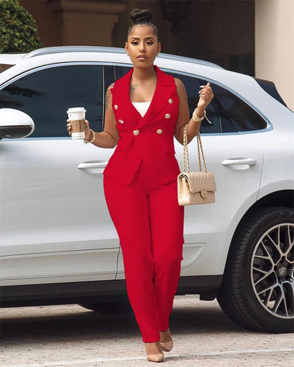 Business OL Work Wear Two Piece Pant Suits for Women Set Elegant Sleeveless Blazer Top + Pencil Pants Office Lady Matching Sets