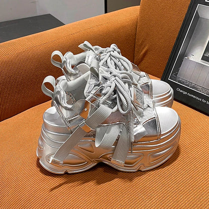 8.5cm Summer Women Leather Chunky Sandals High Platform Trainers Breathable Casual Slippers Shoes New Woman Heels Wedge Sneakers