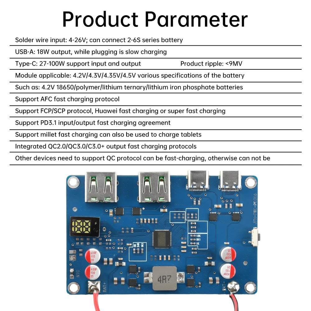 100W PD QC Power Bank Bidirectional Fast Charging Mobile Power Module DIY Power Bank 2-6S Lithium Battery Protection Motherboard
