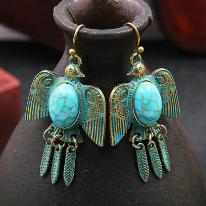 Ethnic Women's Pigeon Bohemian Earrings Vintage Bronze Gypsy Turquoises Jhumka Earrings Oorbellen