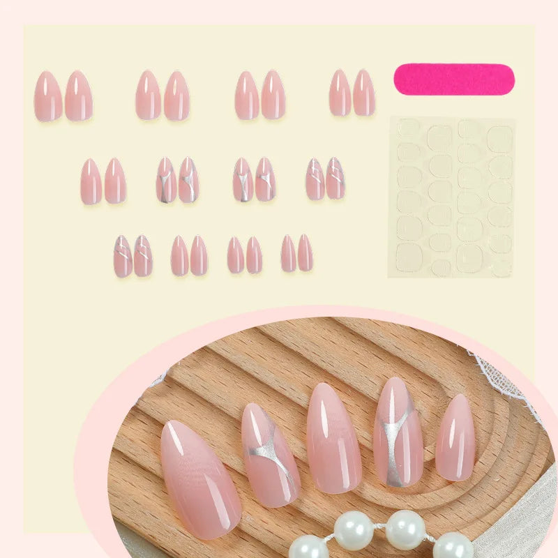 24PCS Press on Nails Bare Pink Metal Line Wearing Armor Medium Long Almond Shaped Women's Wearable Fake Nail Plate