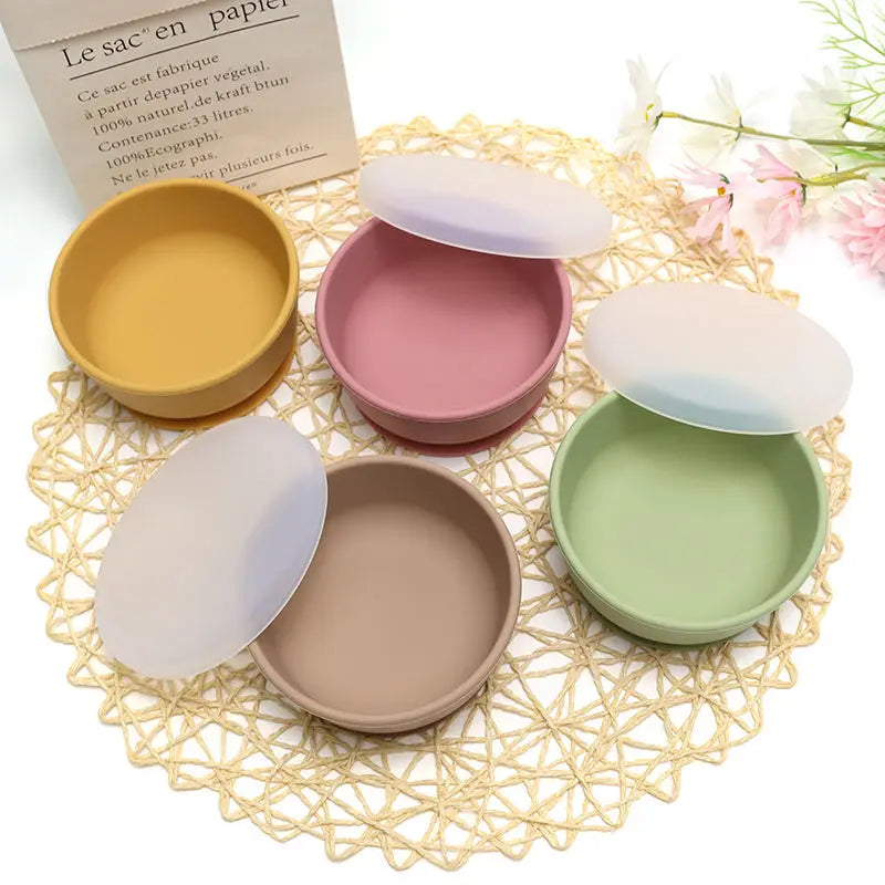 Food Grade Silicone Baby Feeding Bowls with Lid Anti-fall Strong Suction Dining Bowl for Toddler Kid Training Tableware BPA Free
