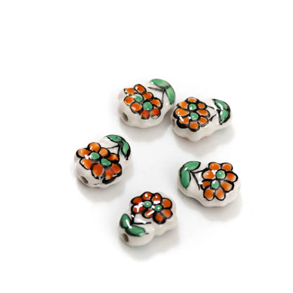 5pcs Artisan Hand-Painted Ceramic Beads Featuring Delicate Multi-Colored Floral Motifs Z717