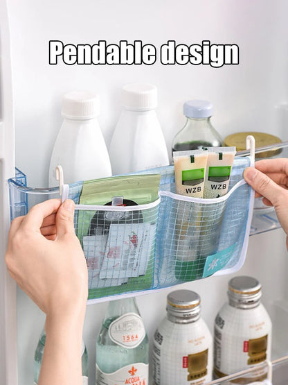 Dual Compartment Fridge Hanging Organizer - Mesh Storage Bags for Fruits/Snacks, No Hook Space Saving Bin with Clear Window
